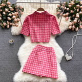 Wjczt New Summer Fashion Houndstooth Denim Two Piece Set Women Short Jeans Jacket Crop Top + Mini Skirts Sets Streetwear 2 Piece Sets