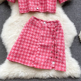 Wjczt New Summer Fashion Houndstooth Denim Two Piece Set Women Short Jeans Jacket Crop Top + Mini Skirts Sets Streetwear 2 Piece Sets