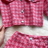 Wjczt New Summer Fashion Houndstooth Denim Two Piece Set Women Short Jeans Jacket Crop Top + Mini Skirts Sets Streetwear 2 Piece Sets