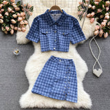 Wjczt New Summer Fashion Houndstooth Denim Two Piece Set Women Short Jeans Jacket Crop Top + Mini Skirts Sets Streetwear 2 Piece Sets