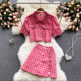 Wjczt New Summer Fashion Houndstooth Denim Two Piece Set Women Short Jeans Jacket Crop Top + Mini Skirts Sets Streetwear 2 Piece Sets