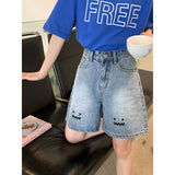 Wjczt High Waist Women&#39;s Jeans Shorts Wide Leg Five-point Pants 2022 Summer Baggy Straight Street Harajuku Fashion Blue Denim Shorts