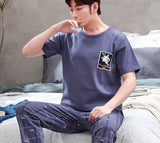 Wjczt Plus Size Pajamas 3xl 4xl Sleepwear Short Sleeved Long Pants Cotton Homewear Leisure Pyjamas Plaid Pants Men Summer Nightwear