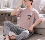 Wjczt Plus Size Pajamas 3xl 4xl Sleepwear Short Sleeved Long Pants Cotton Homewear Leisure Pyjamas Plaid Pants Men Summer Nightwear