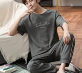 Wjczt Plus Size Pajamas 3xl 4xl Sleepwear Short Sleeved Long Pants Cotton Homewear Leisure Pyjamas Plaid Pants Men Summer Nightwear